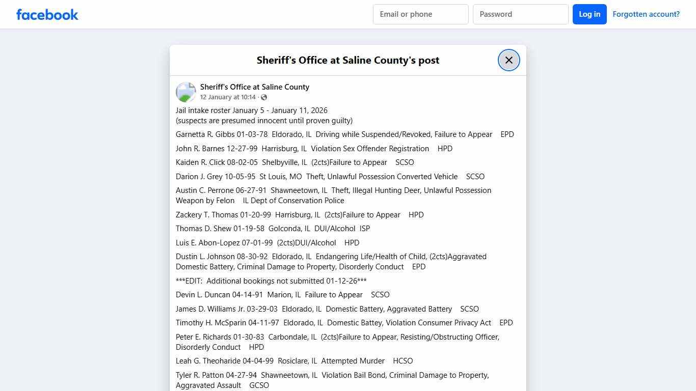 Jail intake roster... - Sheriff's Office at Saline County Facebook